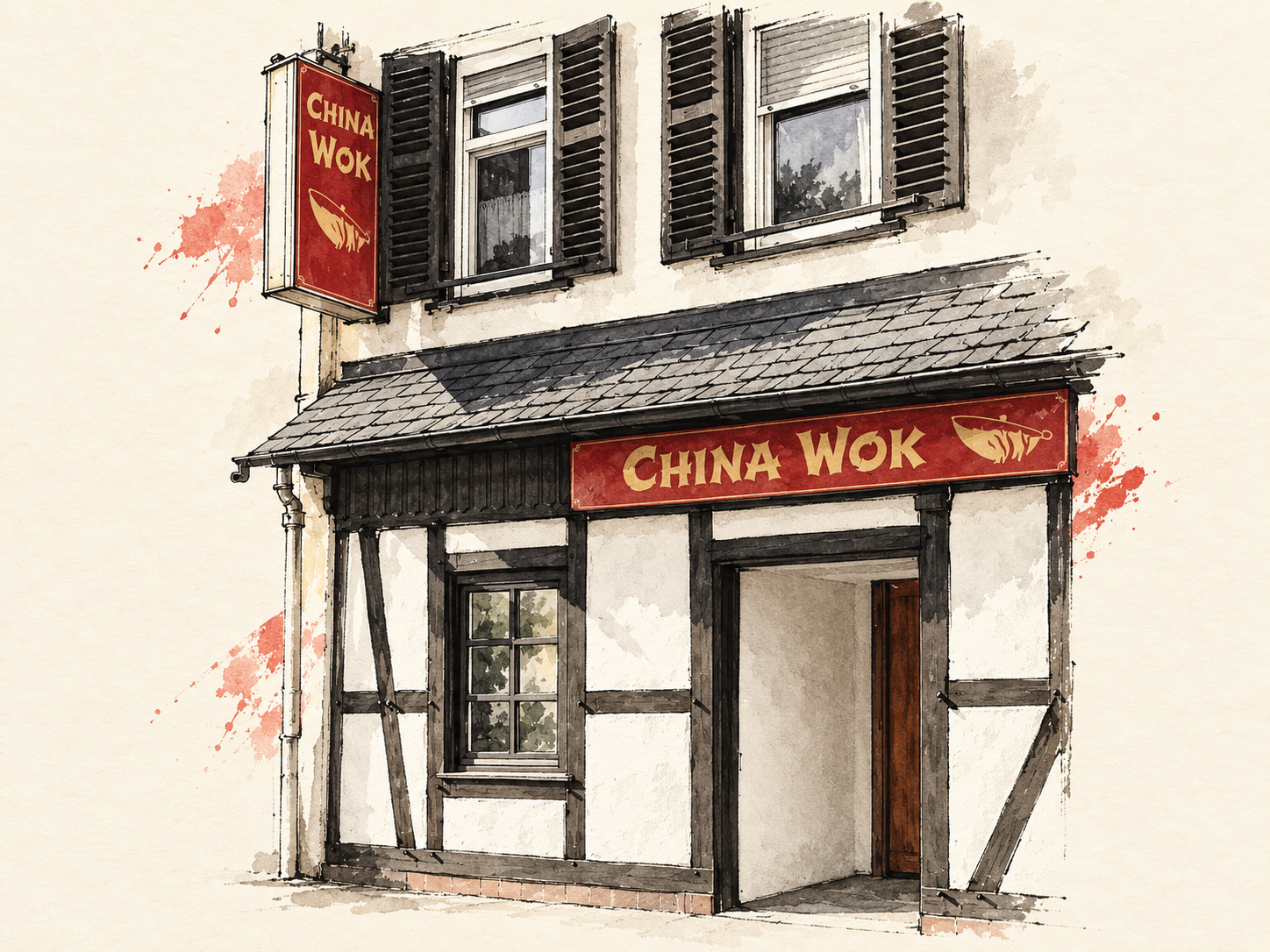 Chinesisch inspirierte Tuschezeichnung der echten China-Wok-Fassade in Eitorf